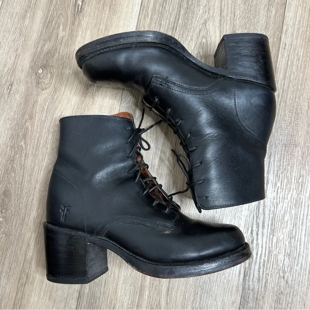 FRYE Combat Black Leather Lace Up Booties Boots Size 5.5 - Picture 8 of 16